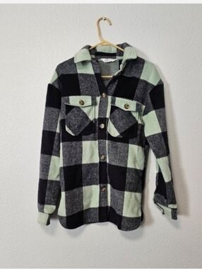 Boys H&M Mint Green and Black Buffalo Plaid Shacket Sz 13/14y